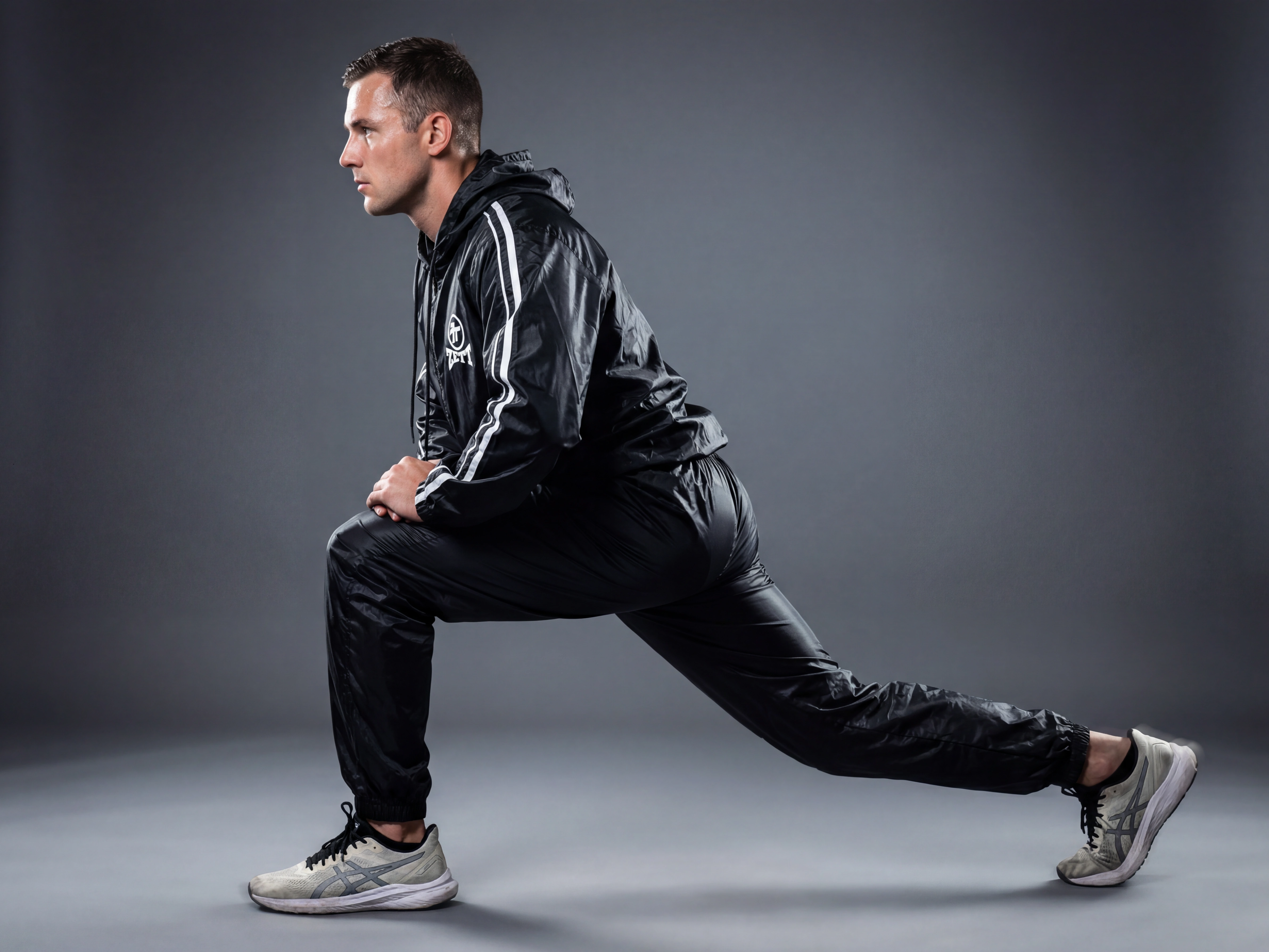 Man in black athletic wear performing a lunge on a gray background